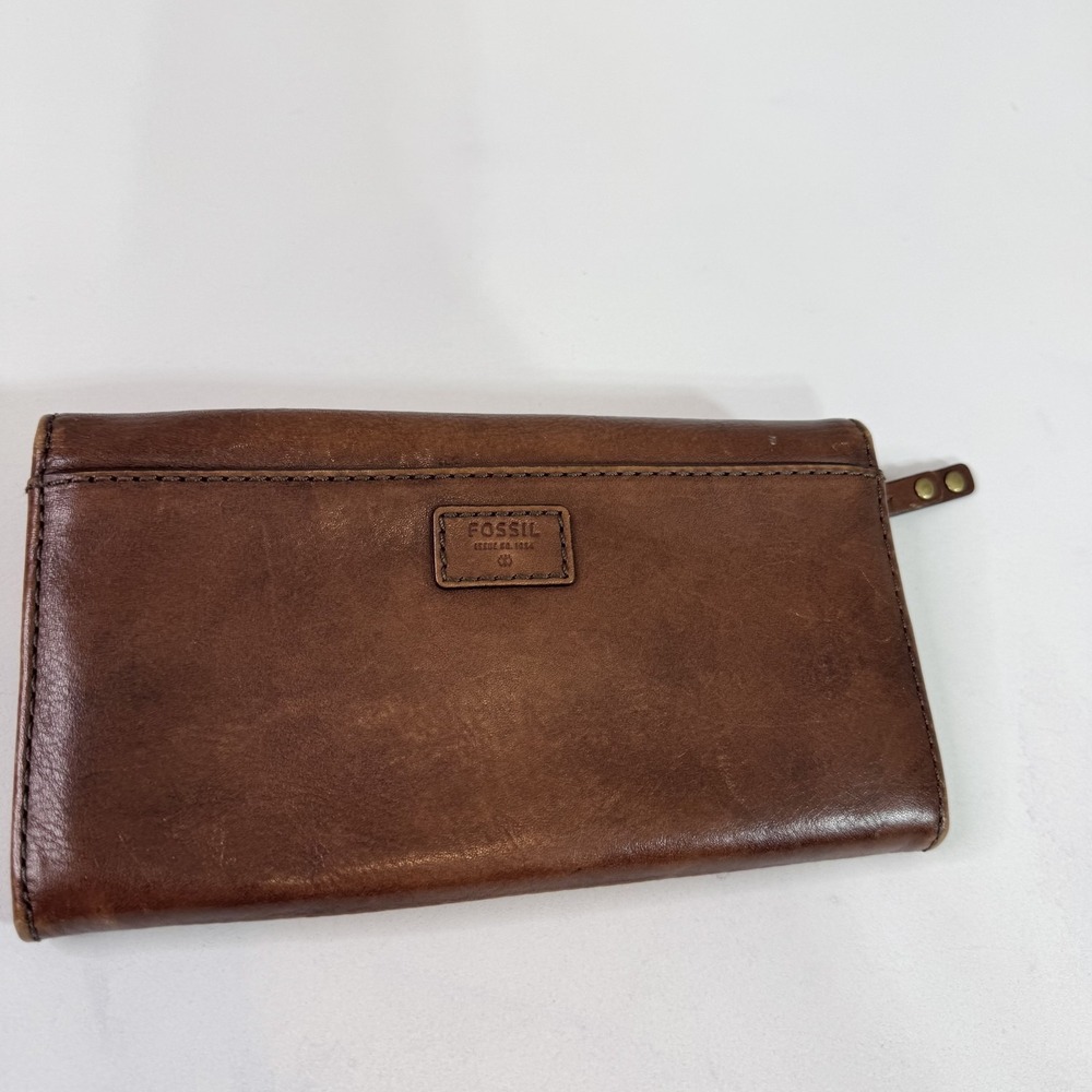 Fossil Leather Wallet Womens Brown Bifold Zipper Pocket Card Holder Clutch Purse